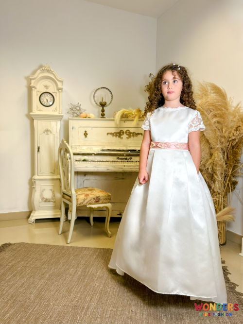White dress for girl made of satin and tulle with lace back — изображение 6